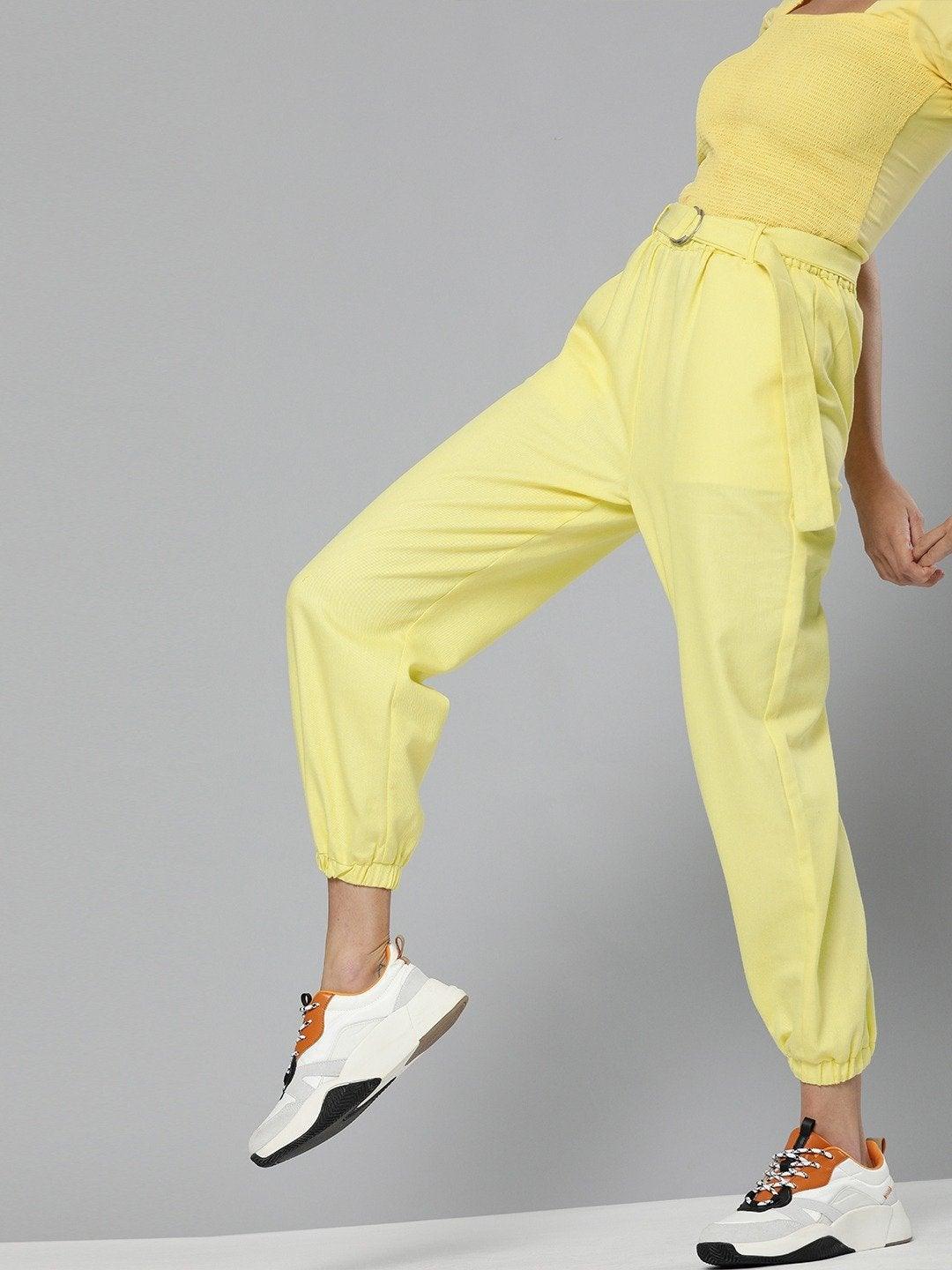 Women's Yellow Belted Joggers - SASSAFRAS - Indiakreations