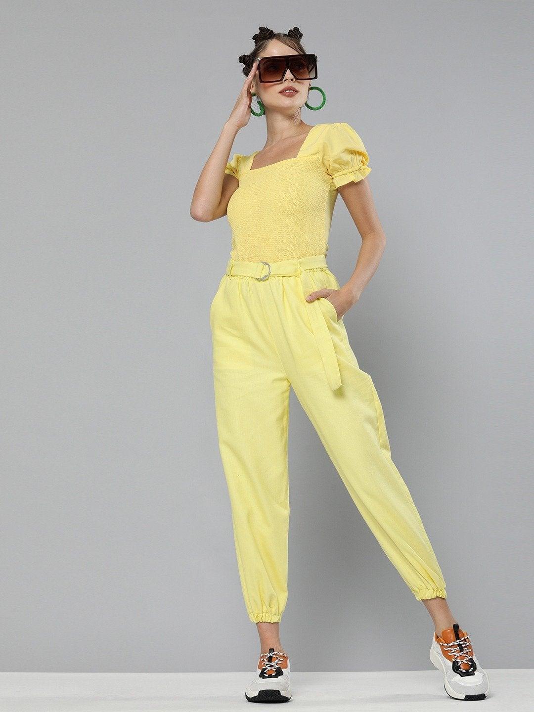 Women's Yellow Belted Joggers - SASSAFRAS - Indiakreations