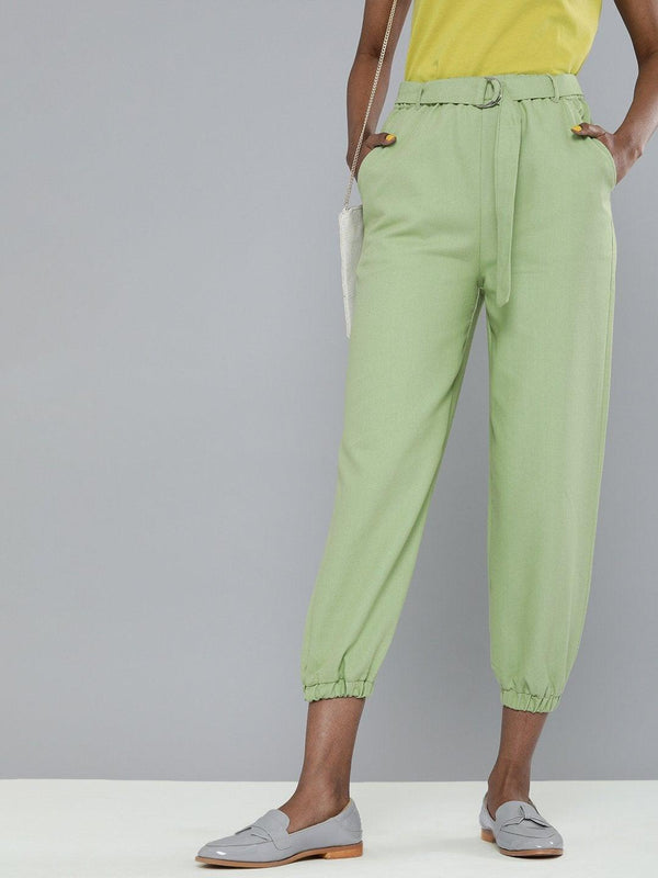 Women's Mint Green Contrast Belted Joggers - SASSAFRAS - Indiakreations