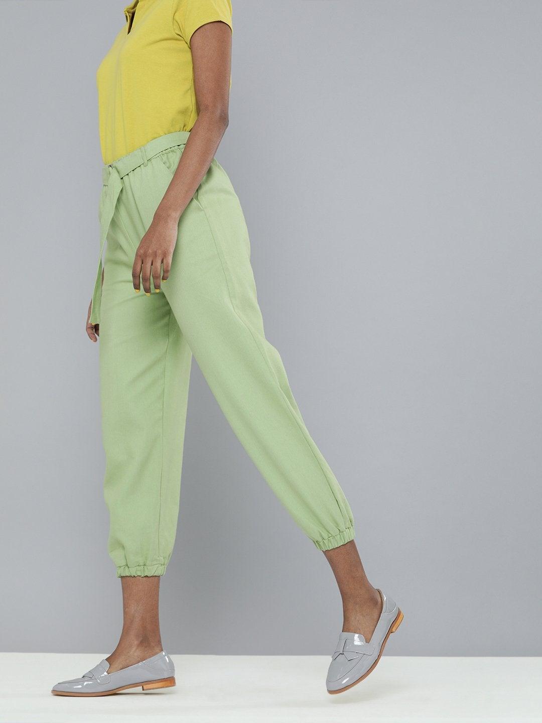 Women's Mint Green Contrast Belted Joggers - SASSAFRAS - Indiakreations