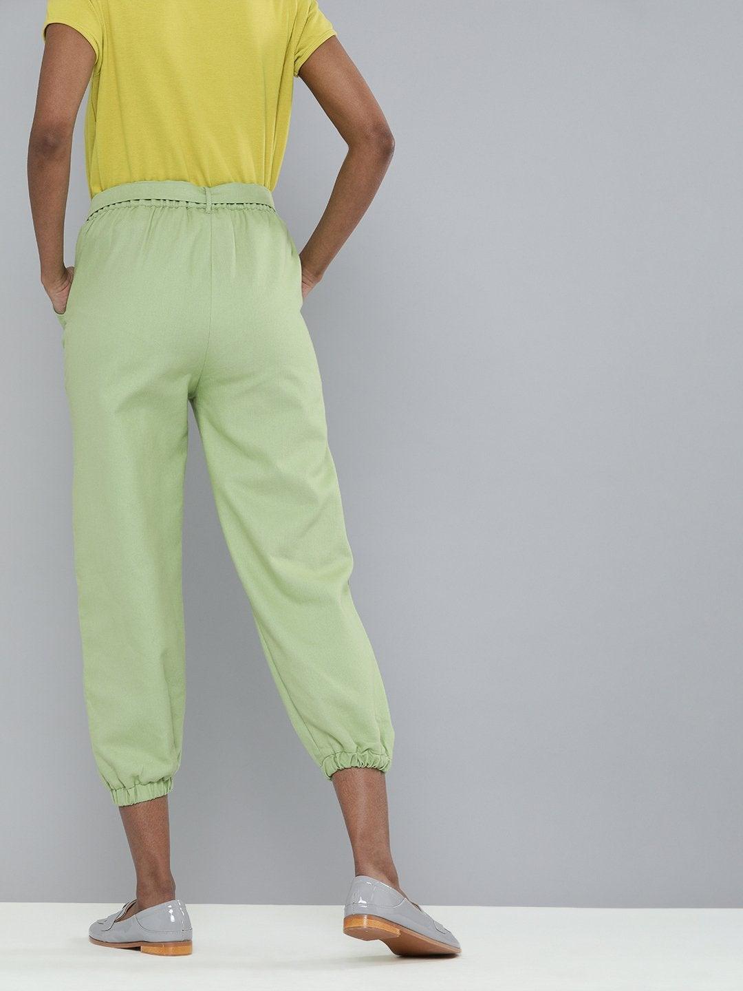 Women's Mint Green Contrast Belted Joggers - SASSAFRAS - Indiakreations