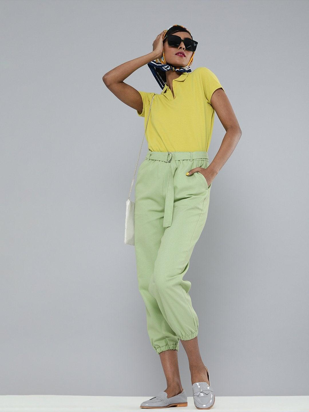 Women's Mint Green Contrast Belted Joggers - SASSAFRAS - Indiakreations