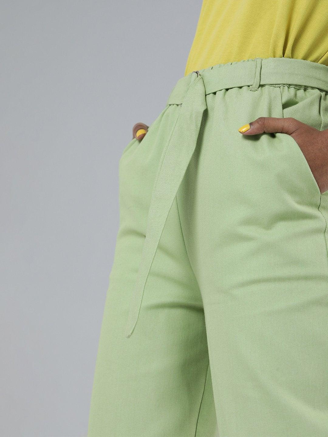 Women's Mint Green Contrast Belted Joggers - SASSAFRAS - Indiakreations