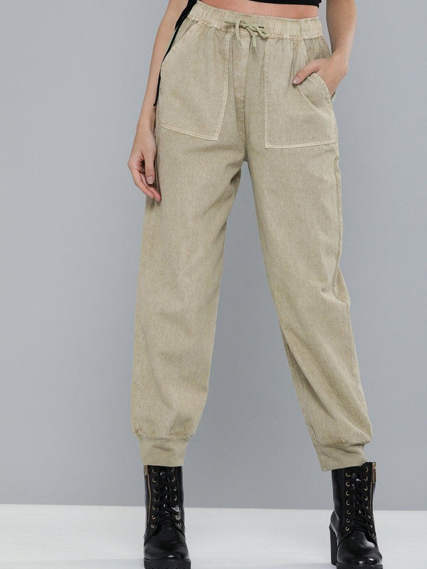 Women's Olive Pigment Wash Rib Hem Joggers - SASSAFRAS - Indiakreations