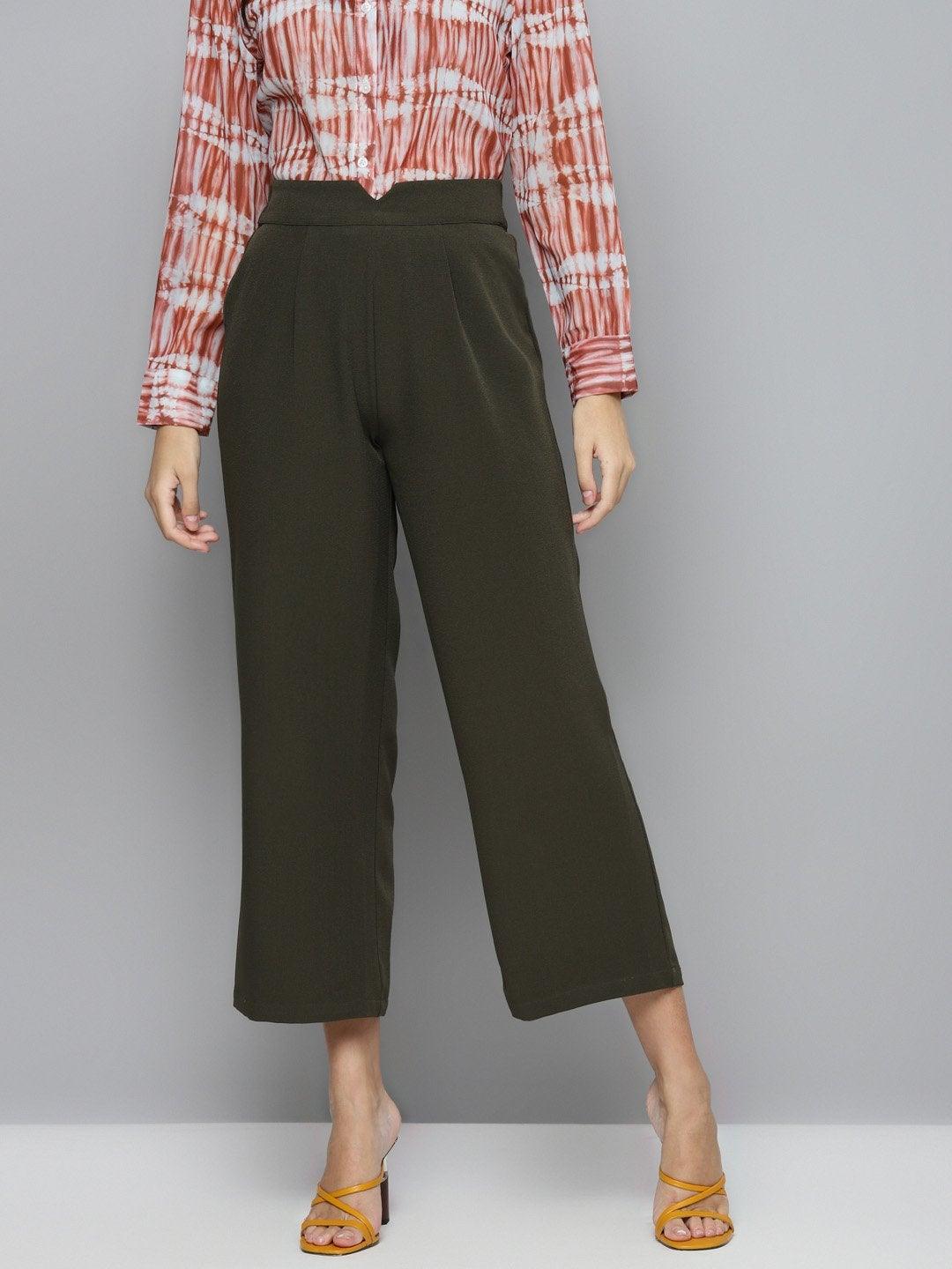 Women's Olive Flared Palazzo Pants - SASSAFRAS - Indiakreations