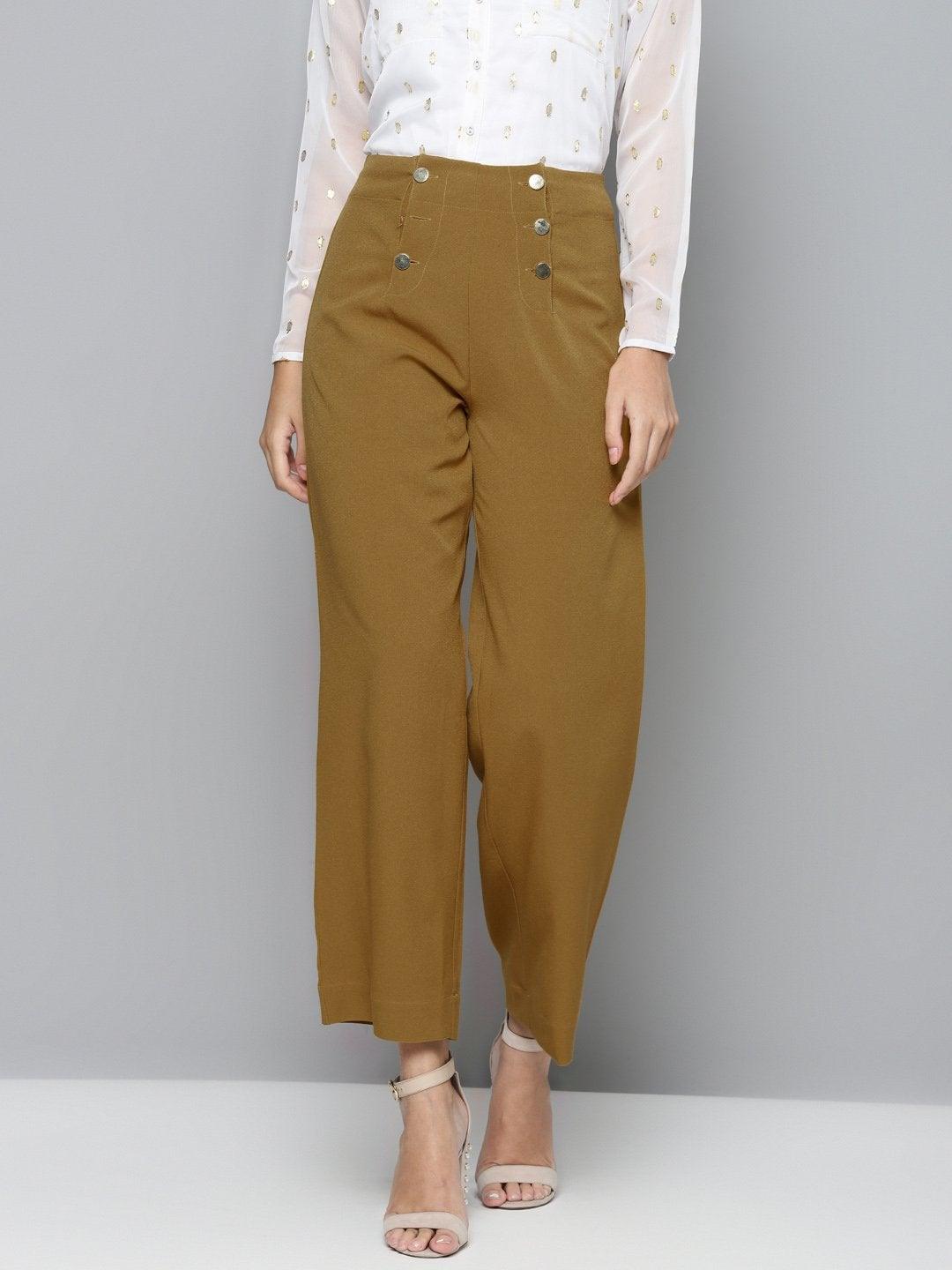 Women's Mustard Gold Button Detail Flared Pants - SASSAFRAS - Indiakreations