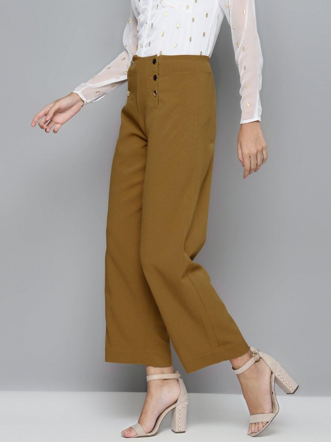 Women's Mustard Gold Button Detail Flared Pants - SASSAFRAS - Indiakreations