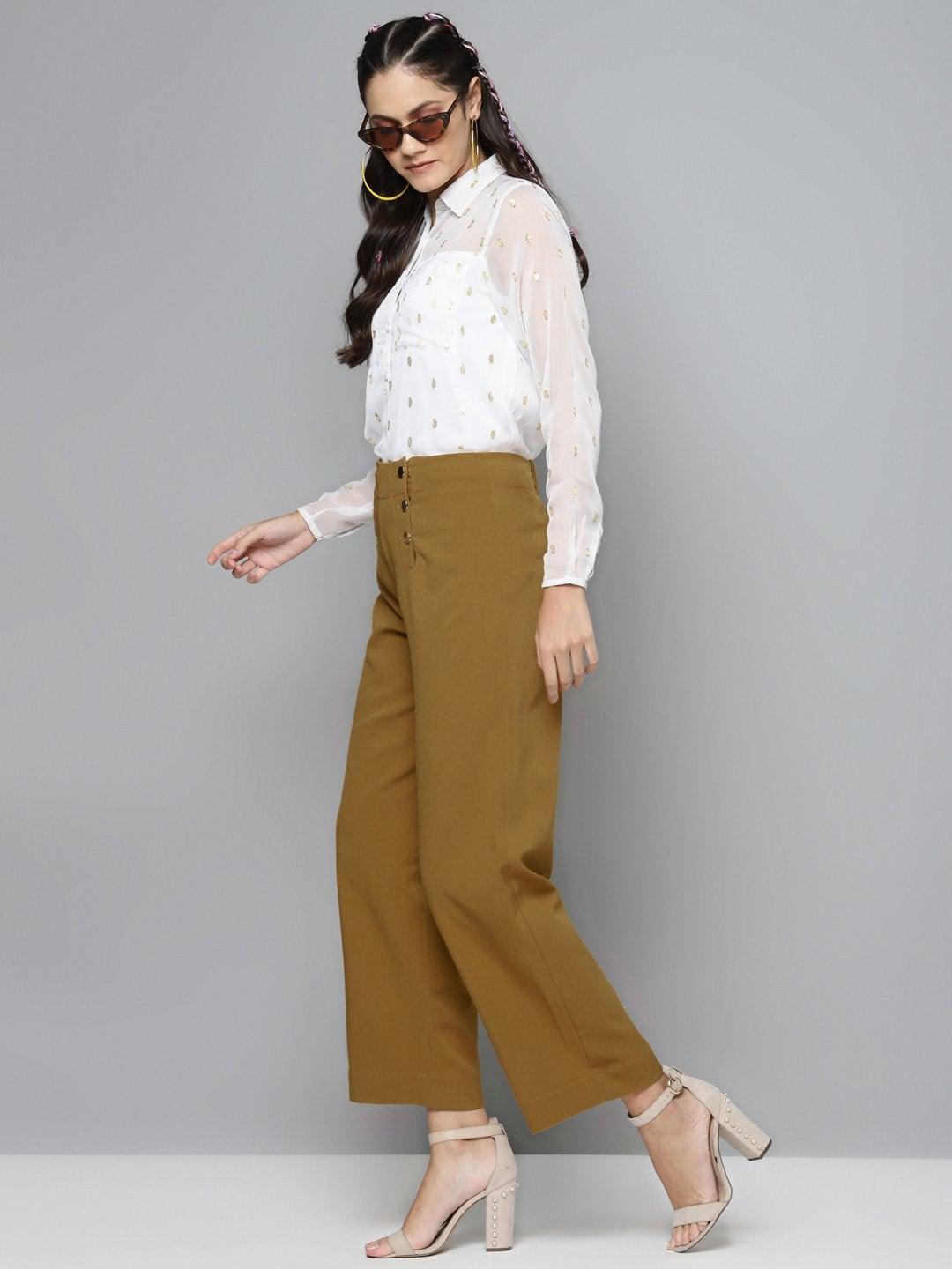 Women's Mustard Gold Button Detail Flared Pants - SASSAFRAS - Indiakreations