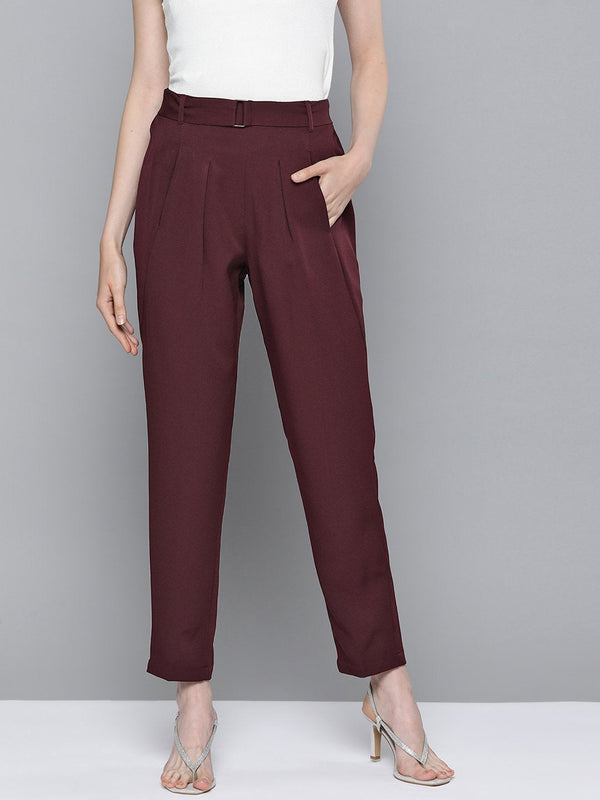 Women's Burgundy Front Pleat Tapered Pants - SASSAFRAS