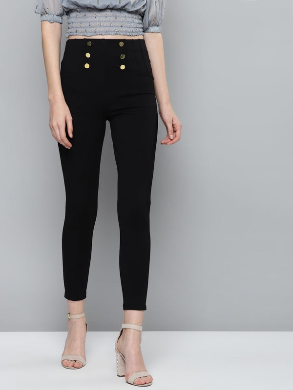 Women's Black Front Button High Waist Jeggings - SASSAFRAS