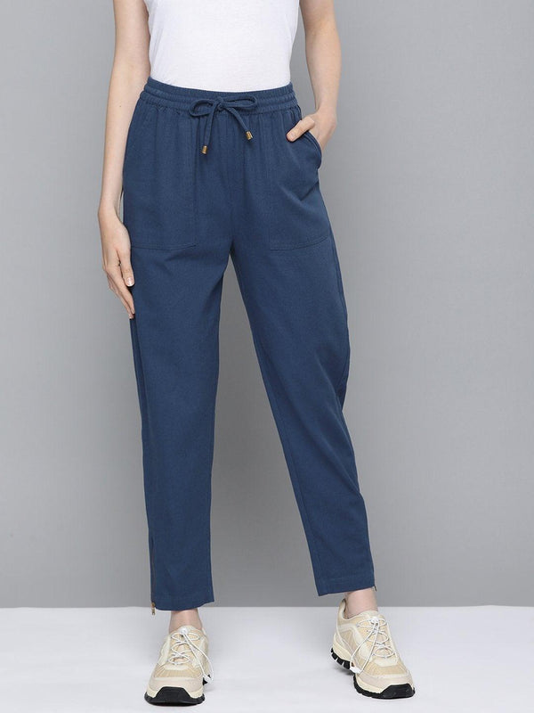 Women's Navy Side Zipper Twill Jogger Pants - SASSAFRAS - Indiakreations