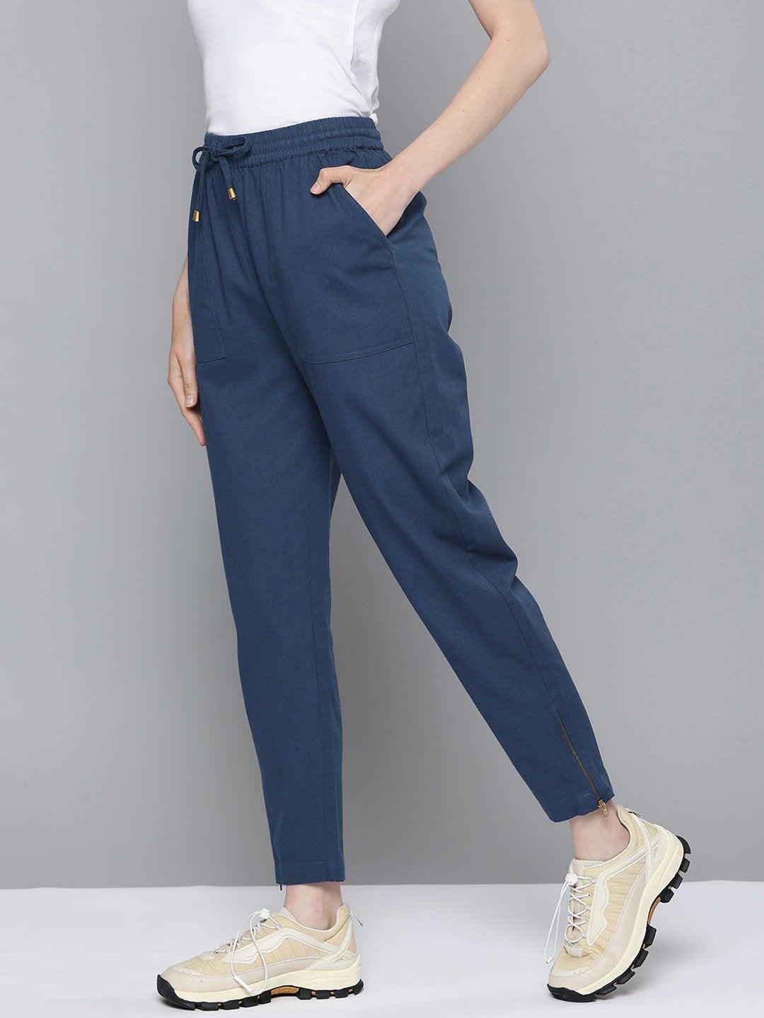 Women's Navy Side Zipper Twill Jogger Pants - SASSAFRAS - Indiakreations