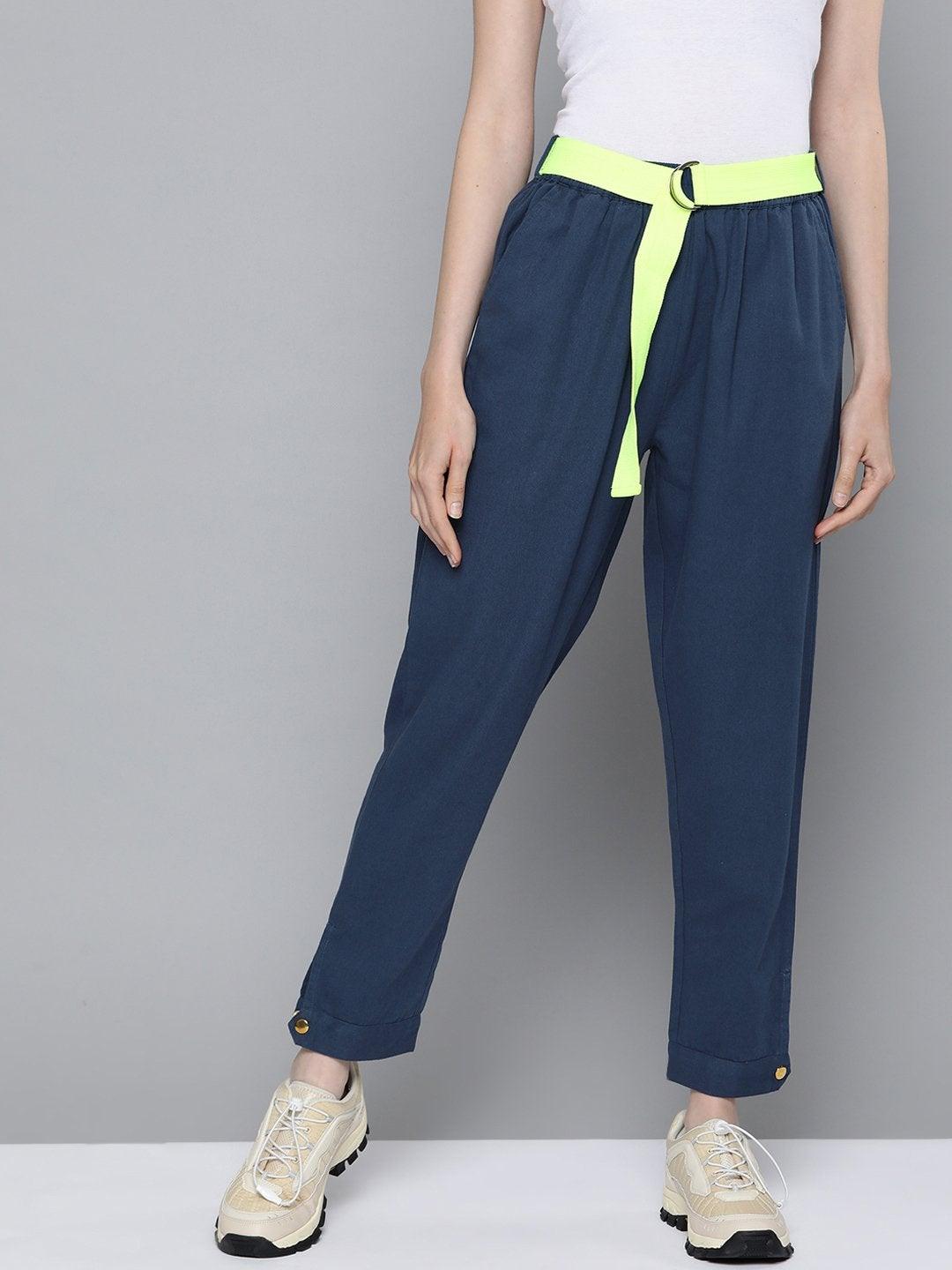 Women's Navy Button Detail Twill Joggers - SASSAFRAS - Indiakreations