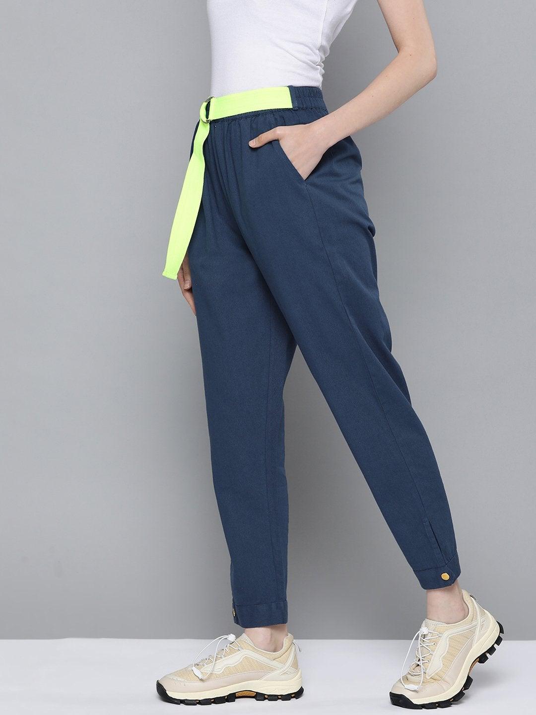 Women's Navy Button Detail Twill Joggers - SASSAFRAS - Indiakreations