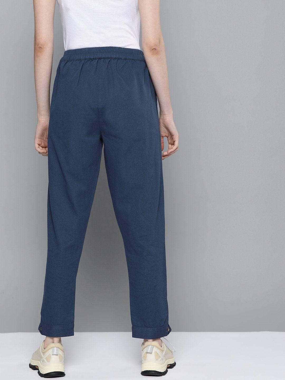 Women's Navy Button Detail Twill Joggers - SASSAFRAS - Indiakreations