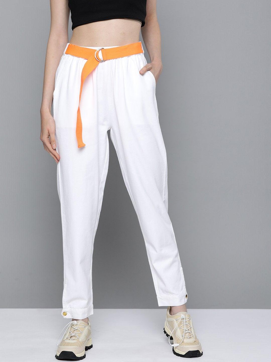 Women's White Button Detail Twill Joggers - SASSAFRAS - Indiakreations