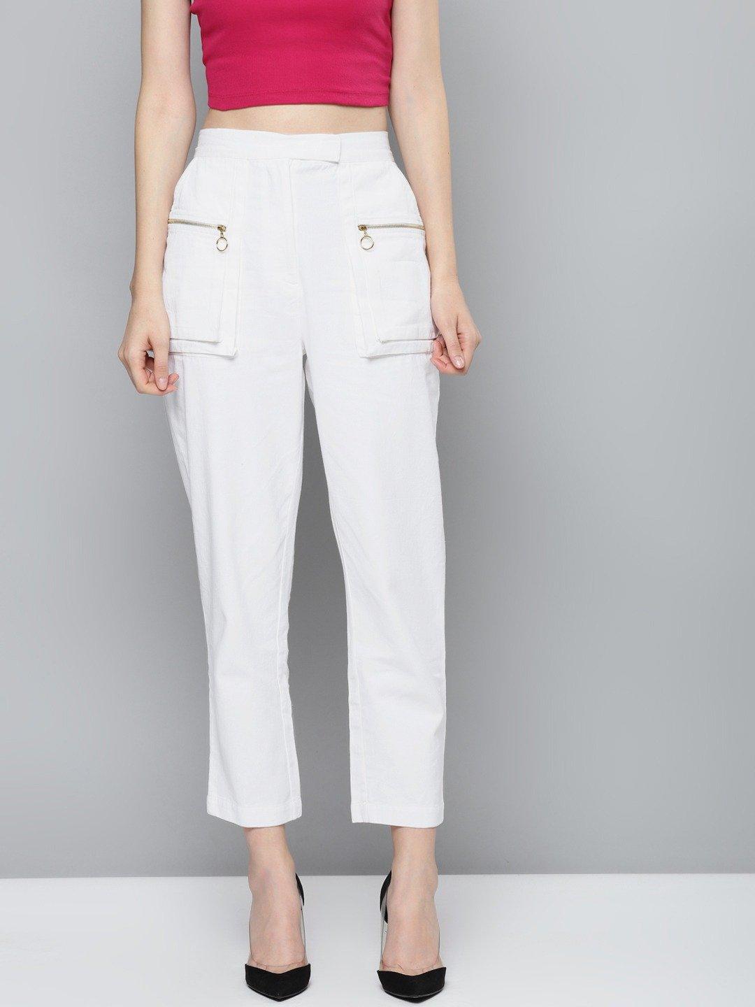 Women's White Big Pockets Twill Pants - SASSAFRAS - Indiakreations