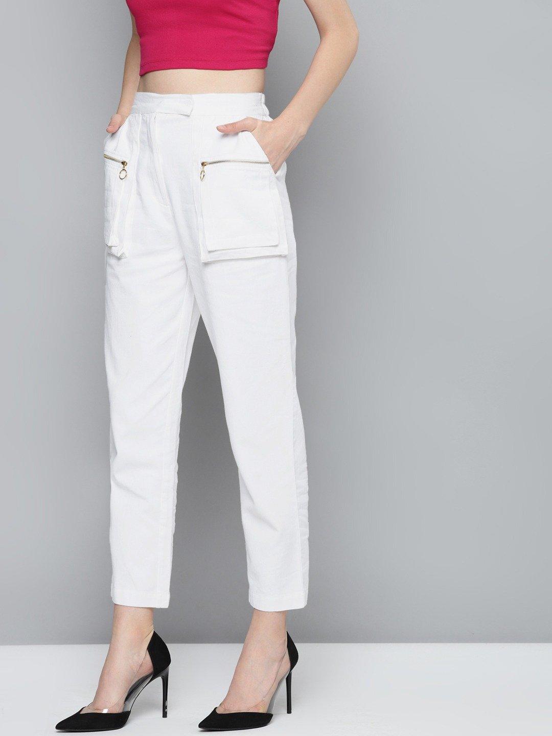 Women's White Big Pockets Twill Pants - SASSAFRAS - Indiakreations