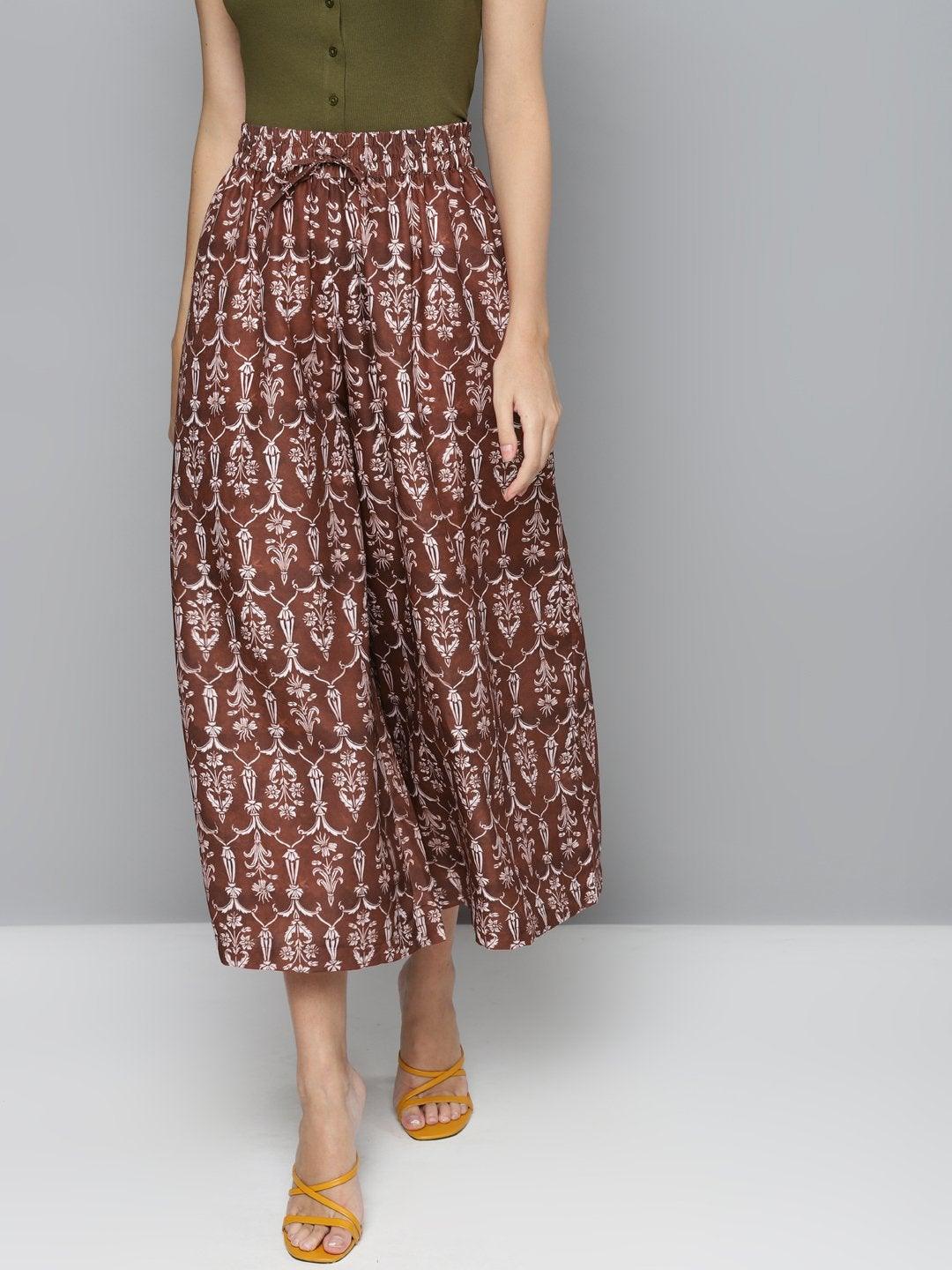 Women's Maroon Floral Drawstring Wide Leg Pants - SASSAFRAS - Indiakreations