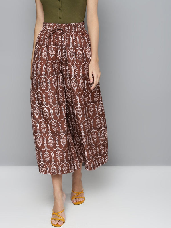 Women's Maroon Floral Drawstring Wide Leg Pants - SASSAFRAS