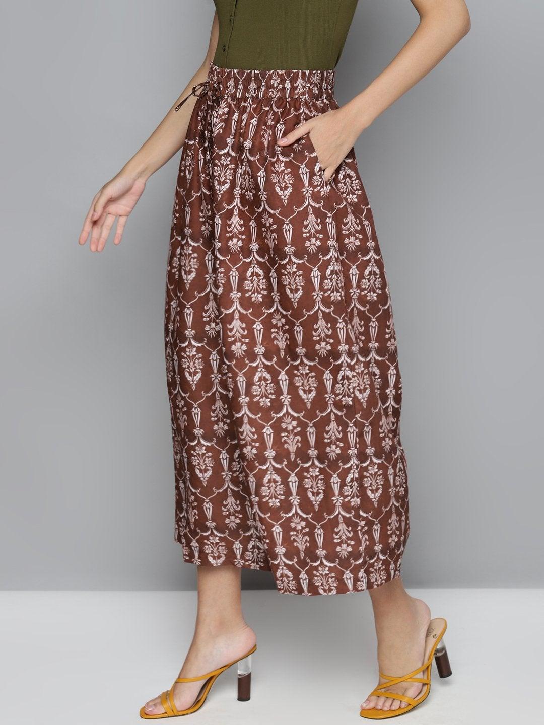 Women's Maroon Floral Drawstring Wide Leg Pants - SASSAFRAS - Indiakreations