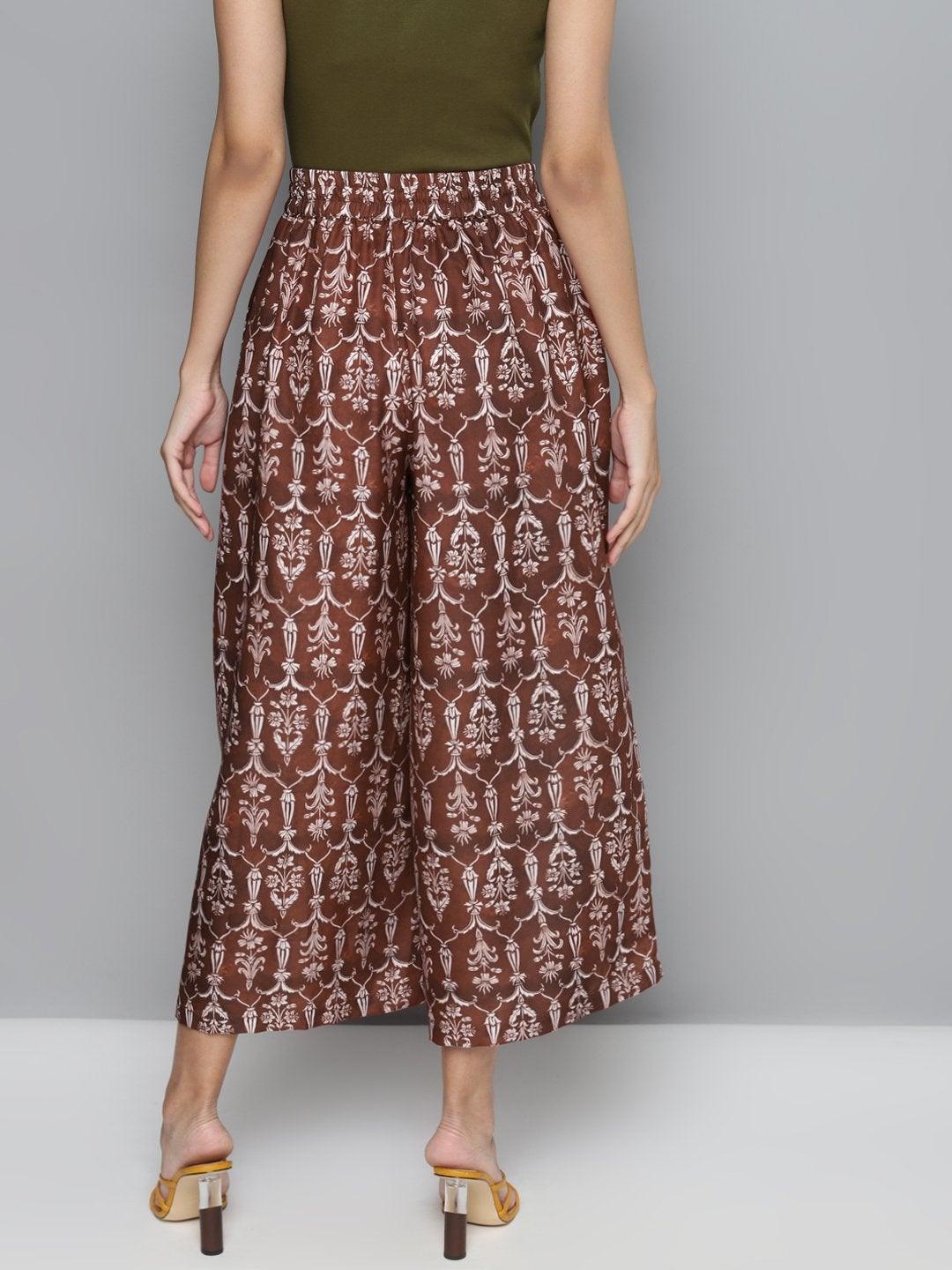 Women's Maroon Floral Drawstring Wide Leg Pants - SASSAFRAS - Indiakreations