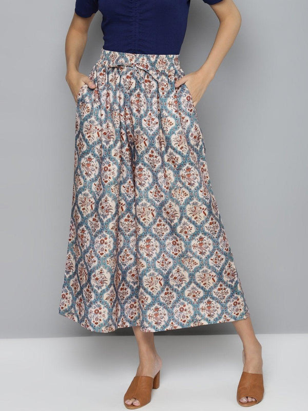 Women's Blue & Beige Floral Drawstring Wide Leg Pants - SASSAFRAS - Indiakreations