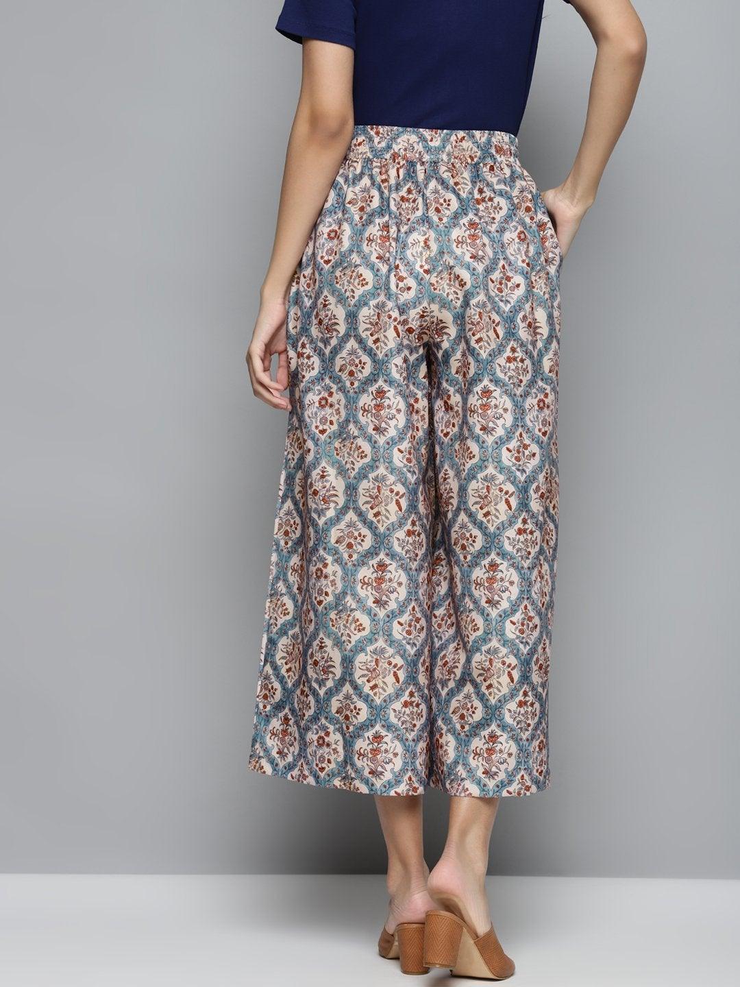 Women's Blue & Beige Floral Drawstring Wide Leg Pants - SASSAFRAS - Indiakreations