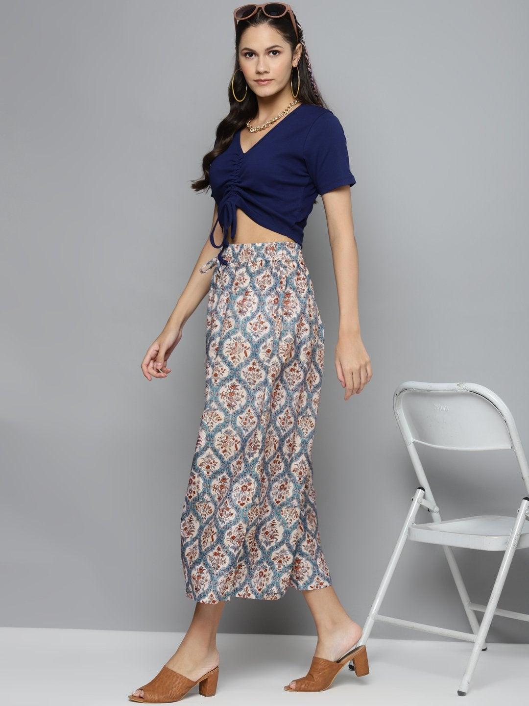 Women's Blue & Beige Floral Drawstring Wide Leg Pants - SASSAFRAS - Indiakreations