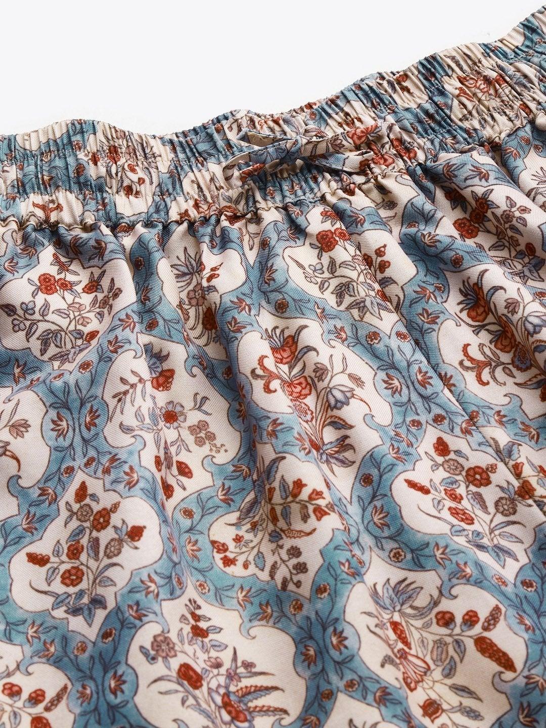 Women's Blue & Beige Floral Drawstring Wide Leg Pants - SASSAFRAS - Indiakreations