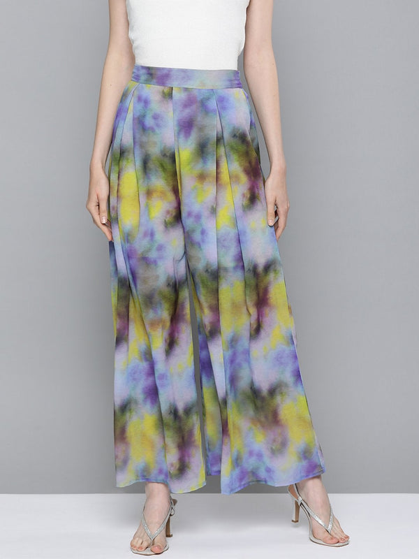 Women's Yellow & Purple Tie-Dye Print Palazzo Pants - SASSAFRAS