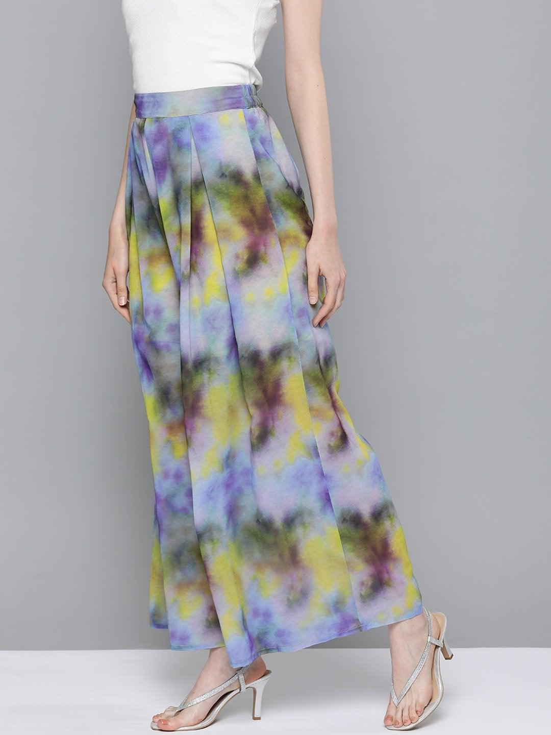 Women's Yellow & Purple Tie-Dye Print Palazzo Pants - SASSAFRAS - Indiakreations