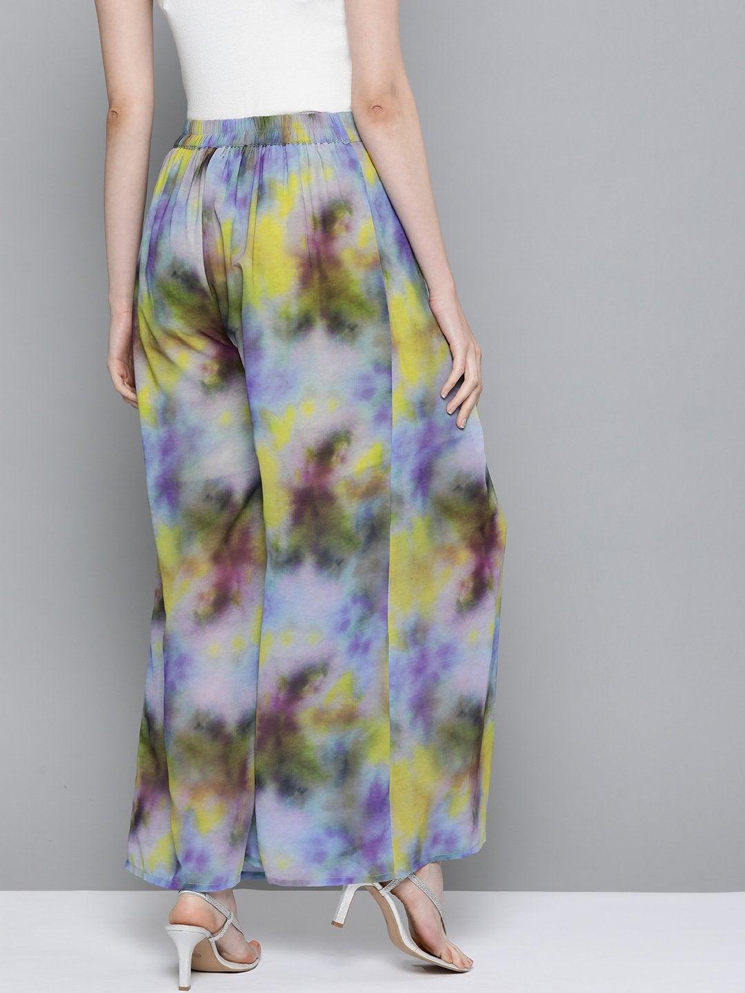 Women's Yellow & Purple Tie-Dye Print Palazzo Pants - SASSAFRAS - Indiakreations