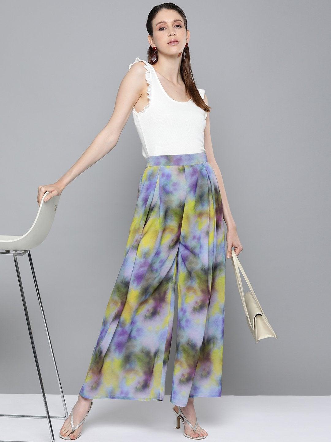 Women's Yellow & Purple Tie-Dye Print Palazzo Pants - SASSAFRAS - Indiakreations