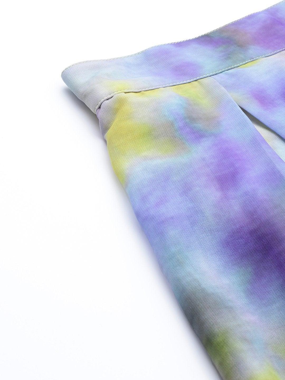 Women's Yellow & Purple Tie-Dye Print Palazzo Pants - SASSAFRAS - Indiakreations