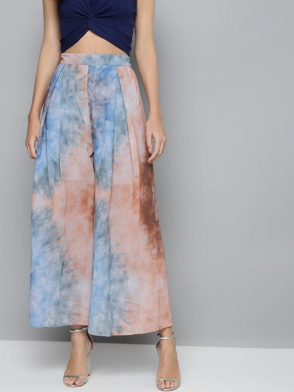 Women's Blue & Brown Tie-Dye Prin Palazzo Pants - SASSAFRAS - Indiakreations