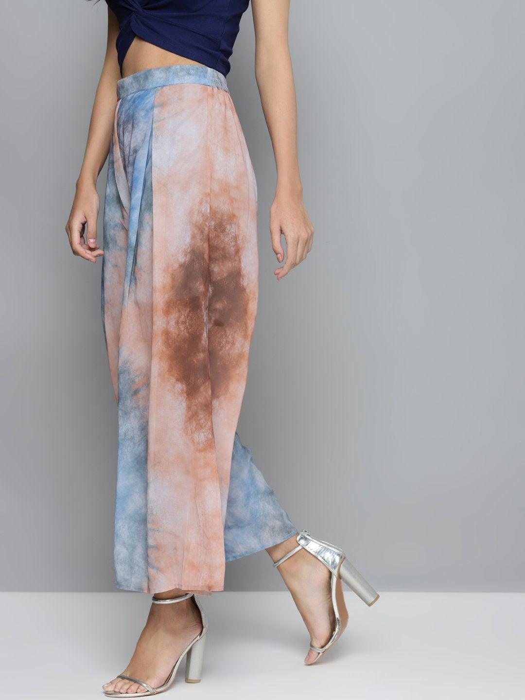 Women's Blue & Brown Tie-Dye Prin Palazzo Pants - SASSAFRAS - Indiakreations