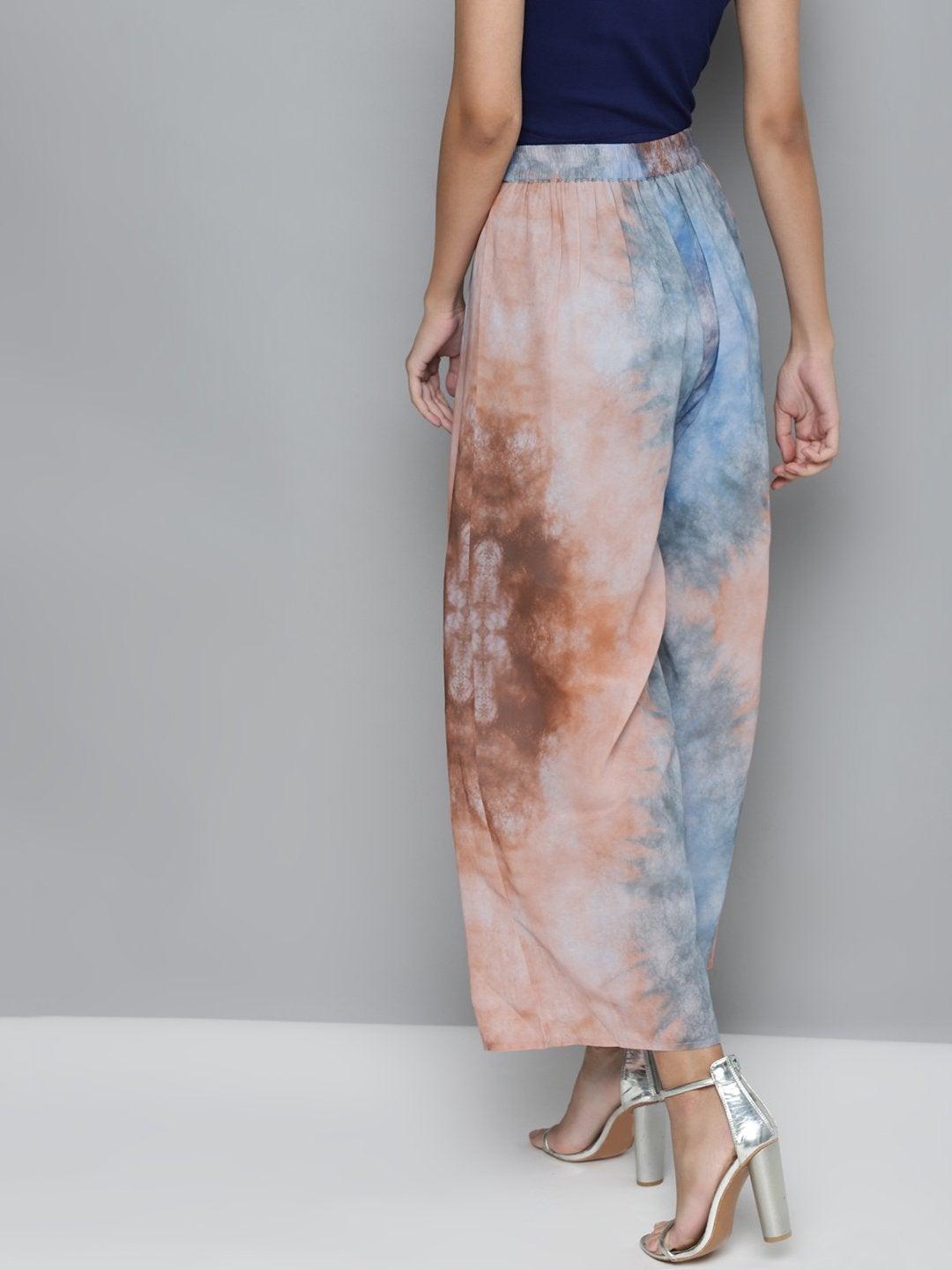 Women's Blue & Brown Tie-Dye Prin Palazzo Pants - SASSAFRAS - Indiakreations