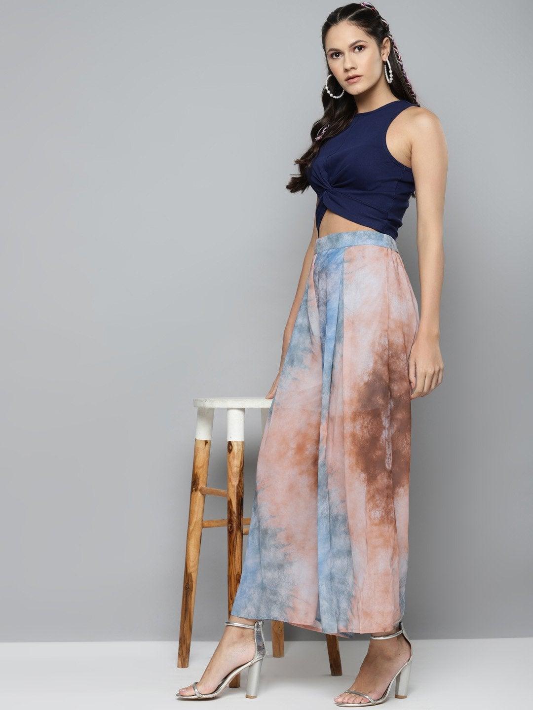 Women's Blue & Brown Tie-Dye Prin Palazzo Pants - SASSAFRAS - Indiakreations