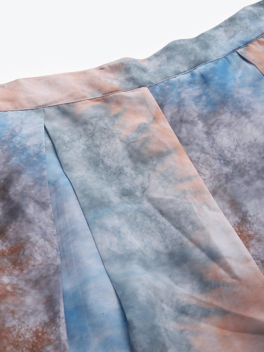 Women's Blue & Brown Tie-Dye Prin Palazzo Pants - SASSAFRAS - Indiakreations