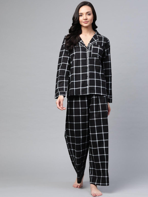 Women's Black Check Night Suit - SASSAFRAS - Indiakreations