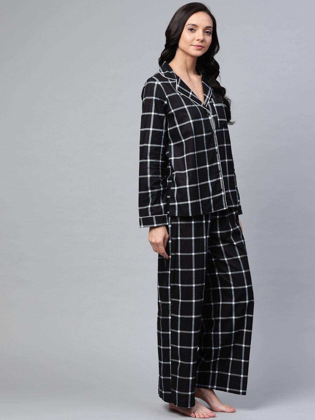 Women's Black Check Night Suit - SASSAFRAS - Indiakreations