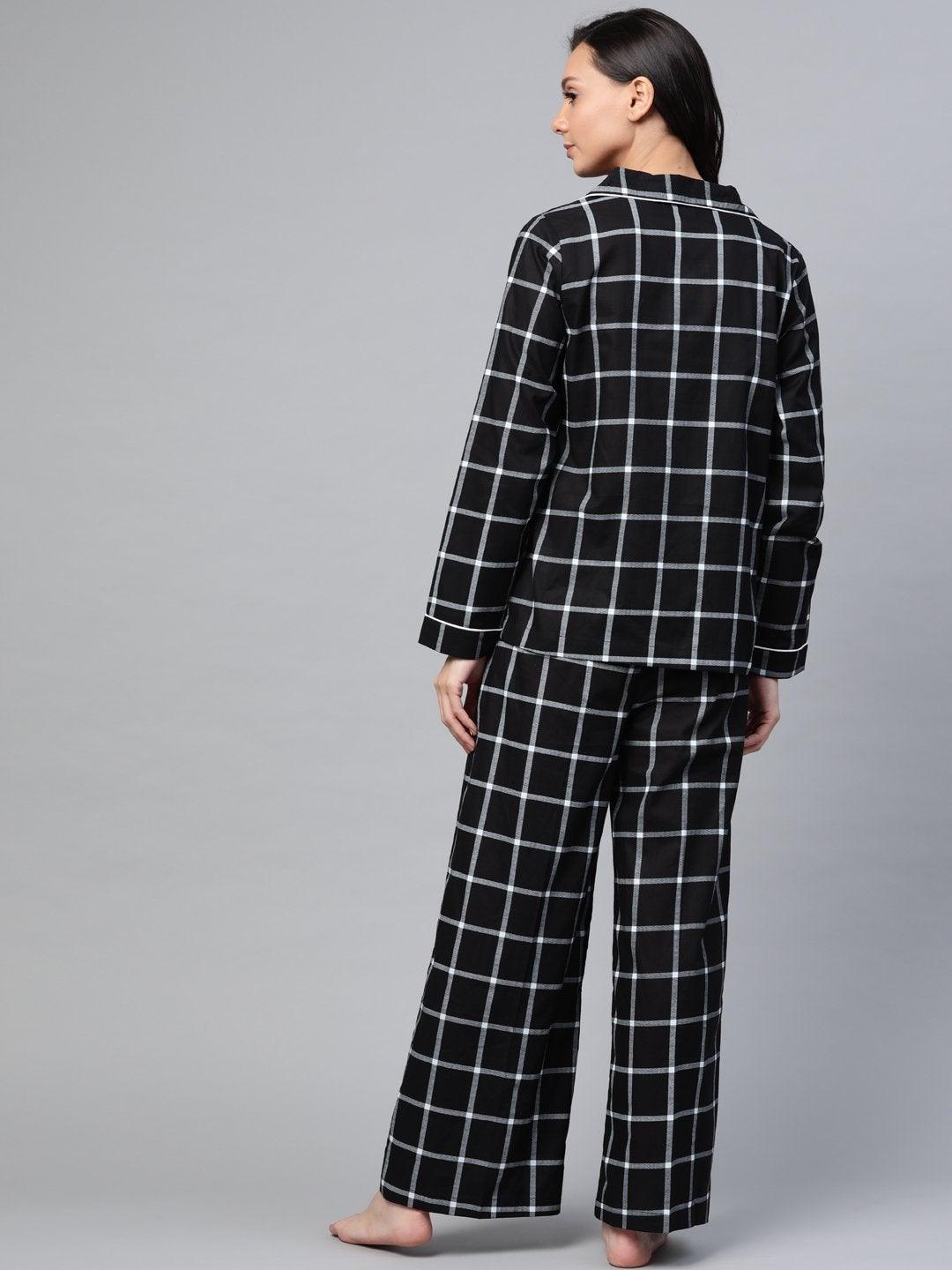 Women's Black Check Night Suit - SASSAFRAS - Indiakreations