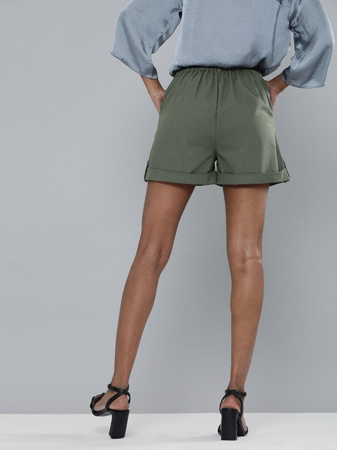 Women's Olive Front Button Shorts - SASSAFRAS - Indiakreations