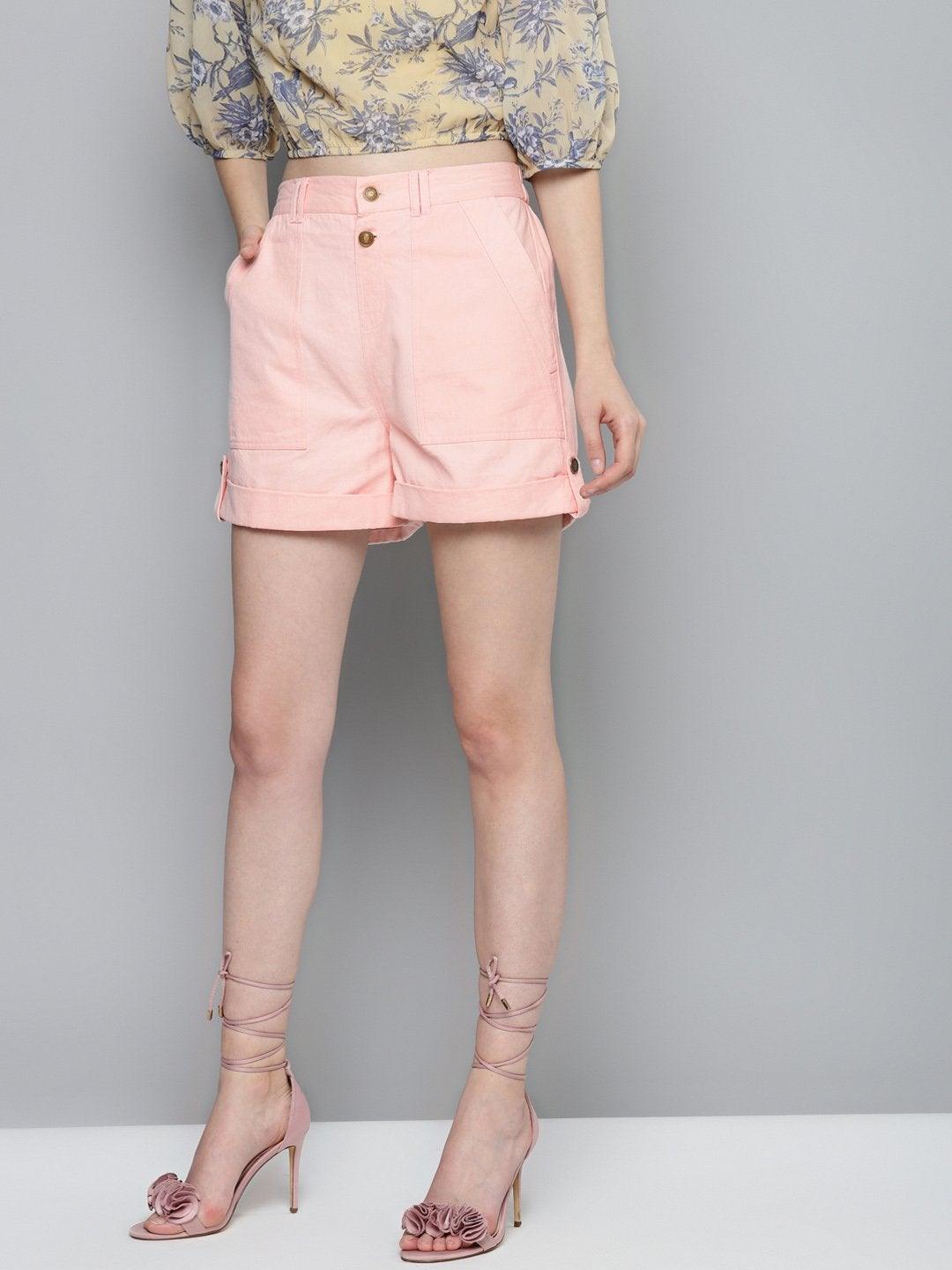 Women's Pink Side Button Twill Shorts - SASSAFRAS - Indiakreations