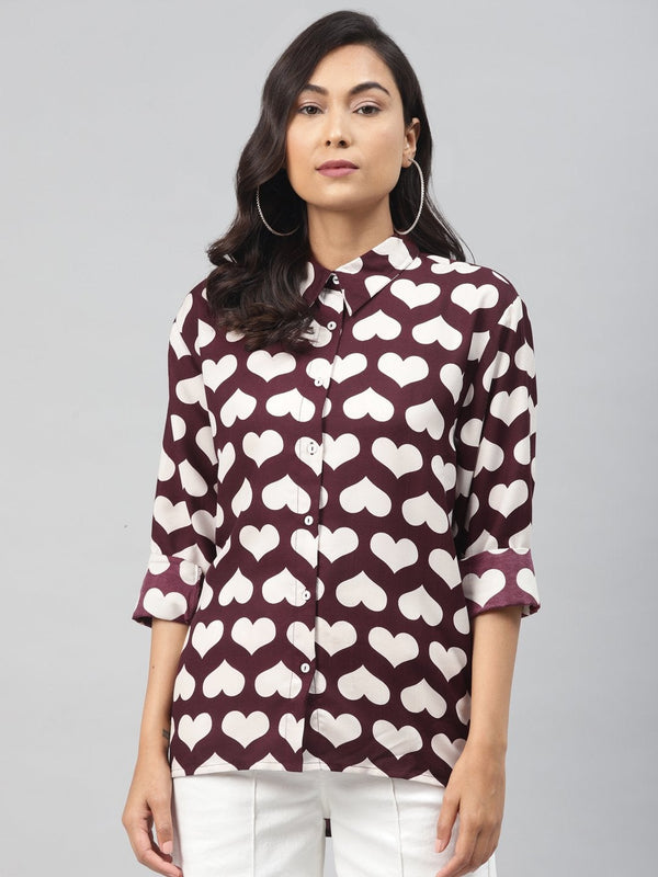 Women's Maroon Heart Print Shirt - SASSAFRAS