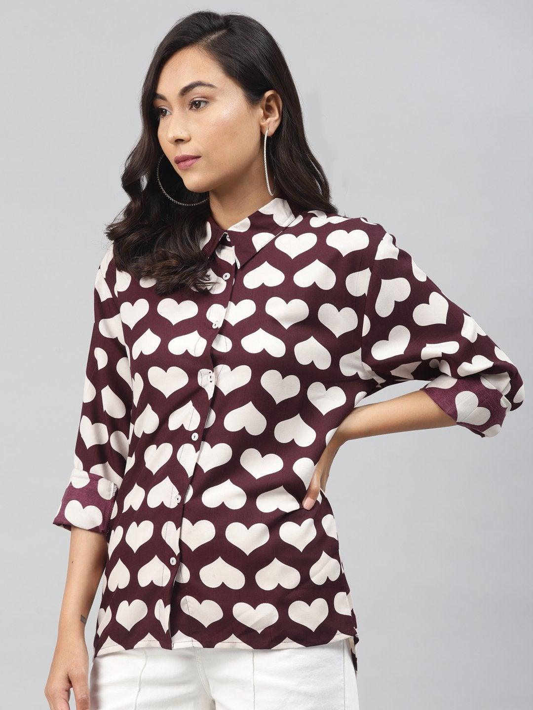 Women's Maroon Heart Print Shirt - SASSAFRAS - Indiakreations