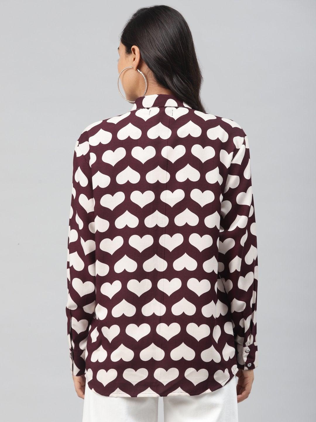 Women's Maroon Heart Print Shirt - SASSAFRAS - Indiakreations