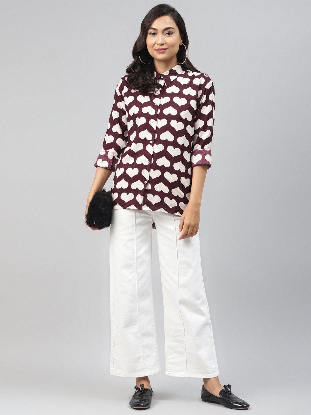 Women's Maroon Heart Print Shirt - SASSAFRAS - Indiakreations