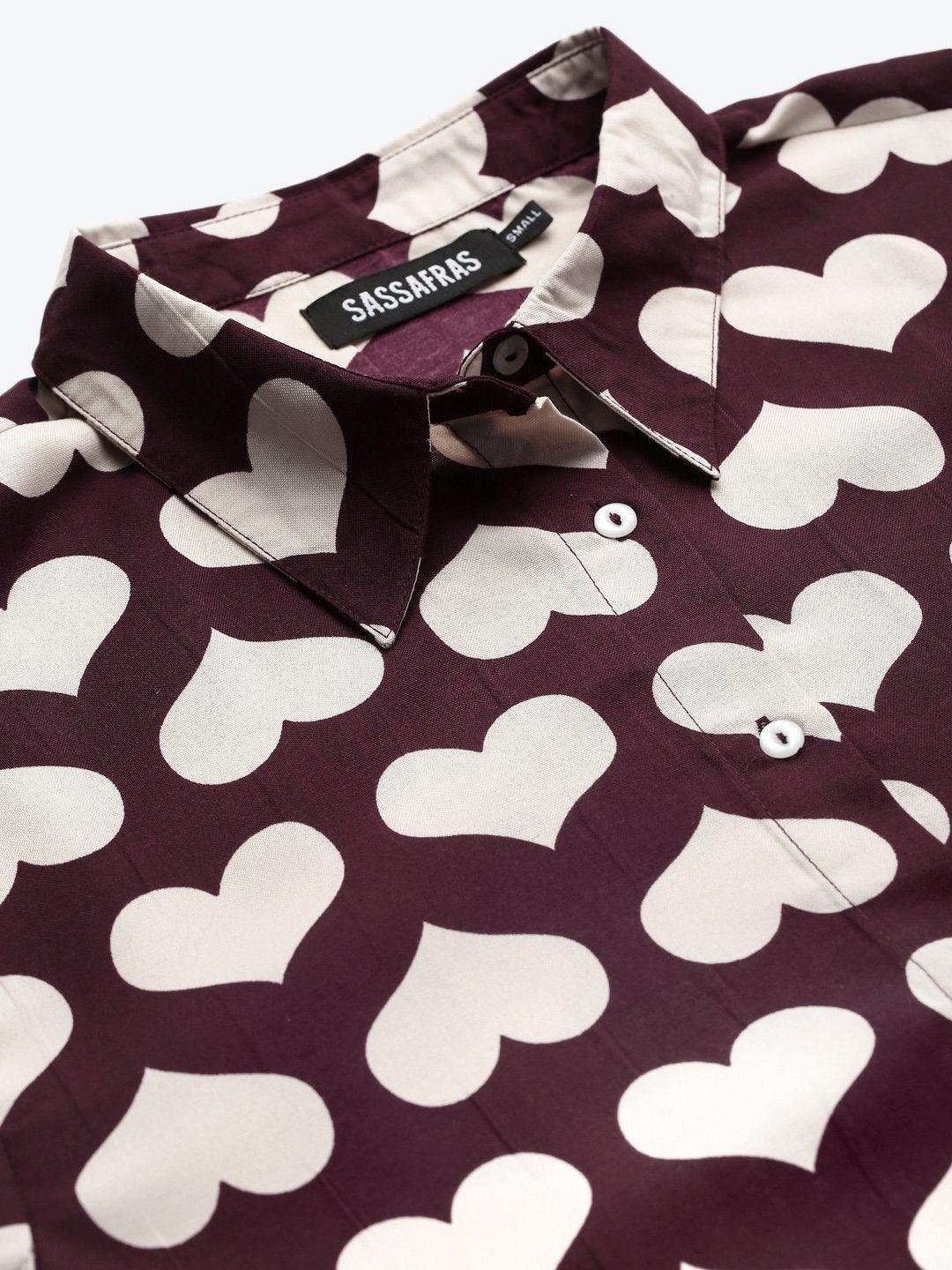 Women's Maroon Heart Print Shirt - SASSAFRAS - Indiakreations